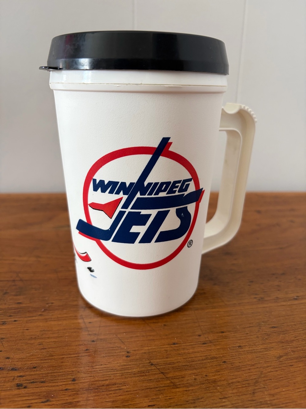 Vintage Winnipeg Jets White Travel Mug with Black Lid 6” high